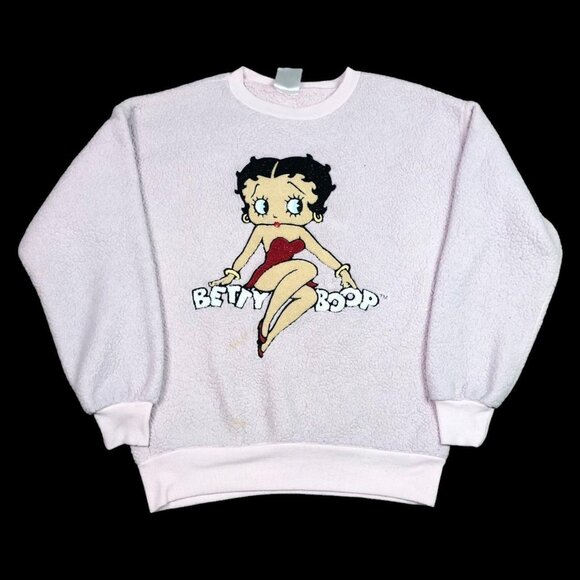Betty Boop Deep Pile Fleece Embroidered Pink‎ Stained Sweatshirt Women’s Small - Picture 1 of 7